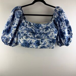 Abercrombie & Fitch Blue Floral Puff Sleeve Smocked Crop Top